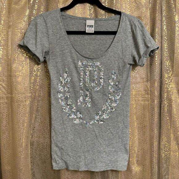 Y2K PINK Victorias Secret Gray Holographic Sequin Bling Crest T Shirt XS - Picture 1 of 7